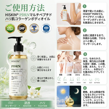 FDA登録：HISKIN® PDRN マルチペプチド ハリ・弾力コラーゲンボディオイル — エイジングケア、保湿ケア、ハリ・弾力ケア、なめらかな肌印象へ導くボディケア、肌トーンケア、ニキビ跡・乾燥による色ムラケア、肌表面の気になる部分のケア。